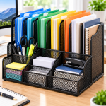 colorful mesh desk organizer in a bright office