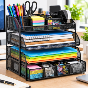 colorful three tier mesh desk organizer