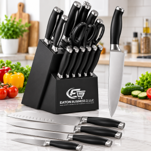 modern black knife set in bright kitchen